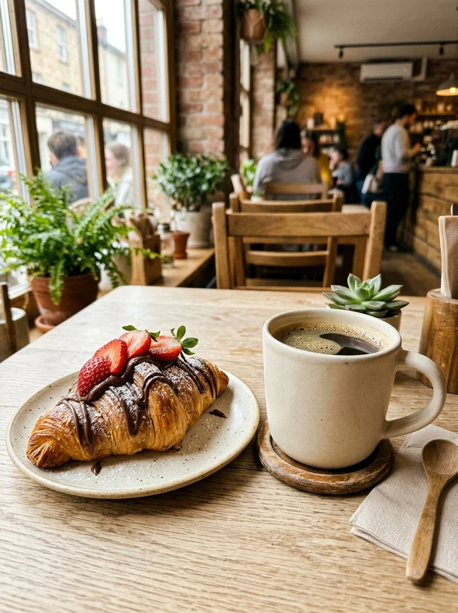 Croissant folhado com fio de chocolate e morangos ao lado de uma xícara de café